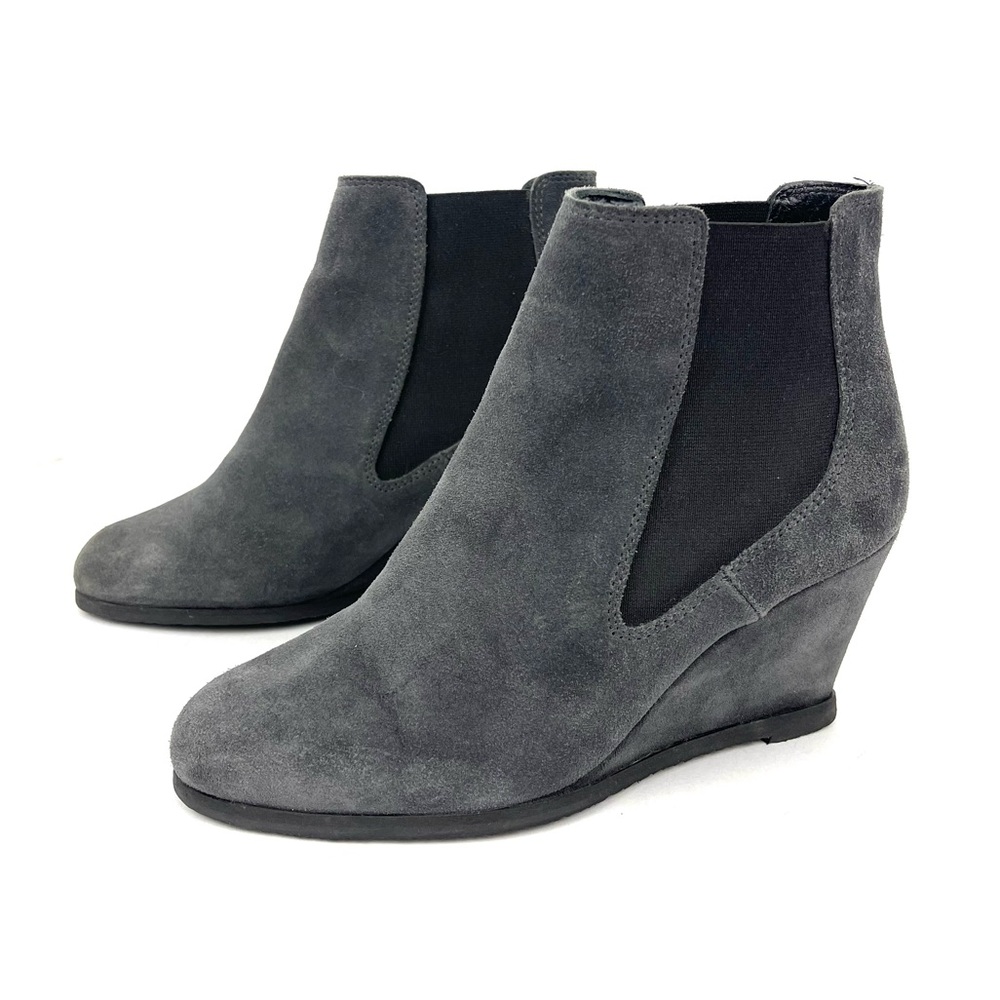 L. K. Bennett London Gray Suede Leather Wedge Chelsea Bootie Round Toe Heel
